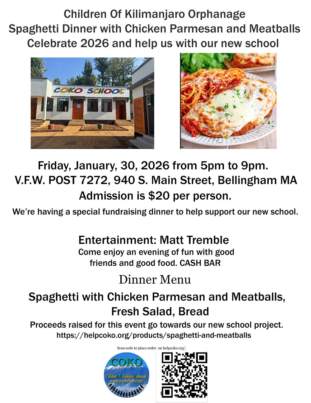 Spaghetti and Meatballs / Chicken Parmesan dinner for COKO's new school